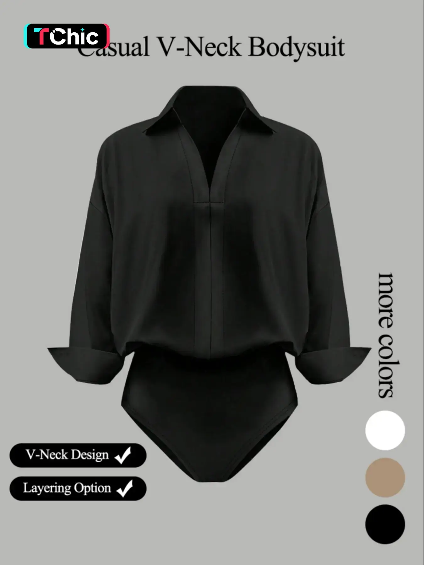 Women's Casual Everyday Loose V-Neck Long-Sleeved Shirt Fitted Casual Bodysuit in Elegant Style Woven Fabric for All Seasons