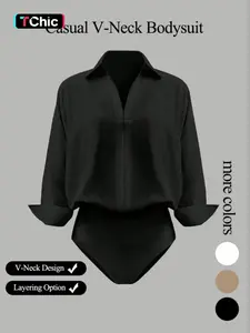 Women's casual loose V-neck long-sleeved shirt jumpsuit, elegant woven fabric, slim fit, Fitted, suitable for all seasons, and can be layered flexibly.