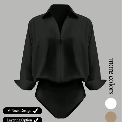 Women's Casual Everyday Loose V-Neck Long-Sleeved Shirt Fitted Casual Bodysuit in Elegant Style Woven Fabric for All Seasons