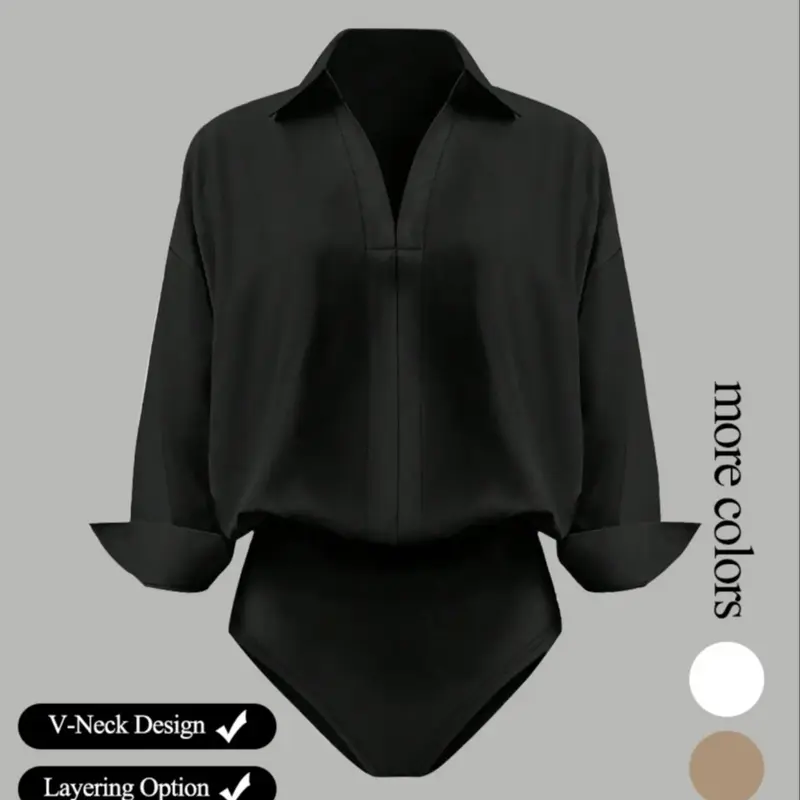 Women's Casual Everyday Loose V-Neck Long-Sleeved Shirt Fitted Casual Bodysuit in Elegant Style Woven Fabric for All Seasons