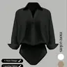 Women's Casual Everyday Loose V-Neck Long-Sleeved Shirt Fitted Casual Bodysuit in Elegant Style Woven Fabric for All Seasons