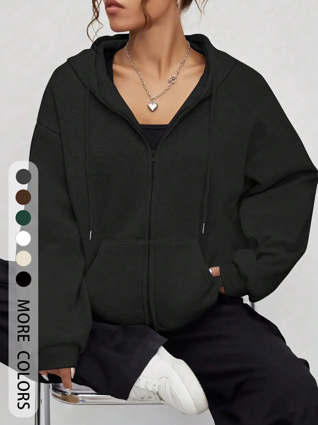 Women's Solid Color Drawstring Zipper Cardigan, Pocket Design, Casual Loose-Fitting Long Sleeve Sweatshirt for Fall & Winter