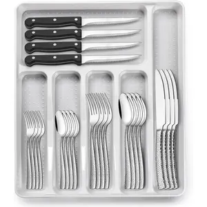 49-Piece Wave Hammered Silverware Set with Organizer, Food-Grade Stainless Steel Flatware for 8, Cutlery Set with Steak Knives, Rust-proof, Mirror Polished, Dishwasher Safe