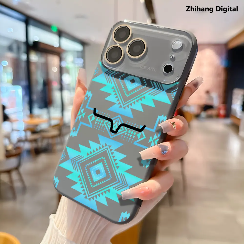 Western Aztec Geometric Bull Head Pattern iPhone Case - Blue Southwest Tribal Print Smartphone Cover for iPhone 17 Pro Max, 16, 15, 14 Plus, 13, 12 - Shockproof Durable Handheld Cellphone Protection for Devices