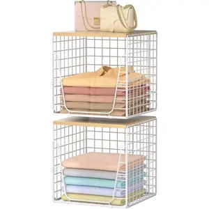 2PCS Closet Organizers and Storage - Stackable Closet Basket with Wood Top Shelf, Clothes Storage Shelves, Clothes Drawer Bins for Wardrobe, Bedroom, Entryway, White