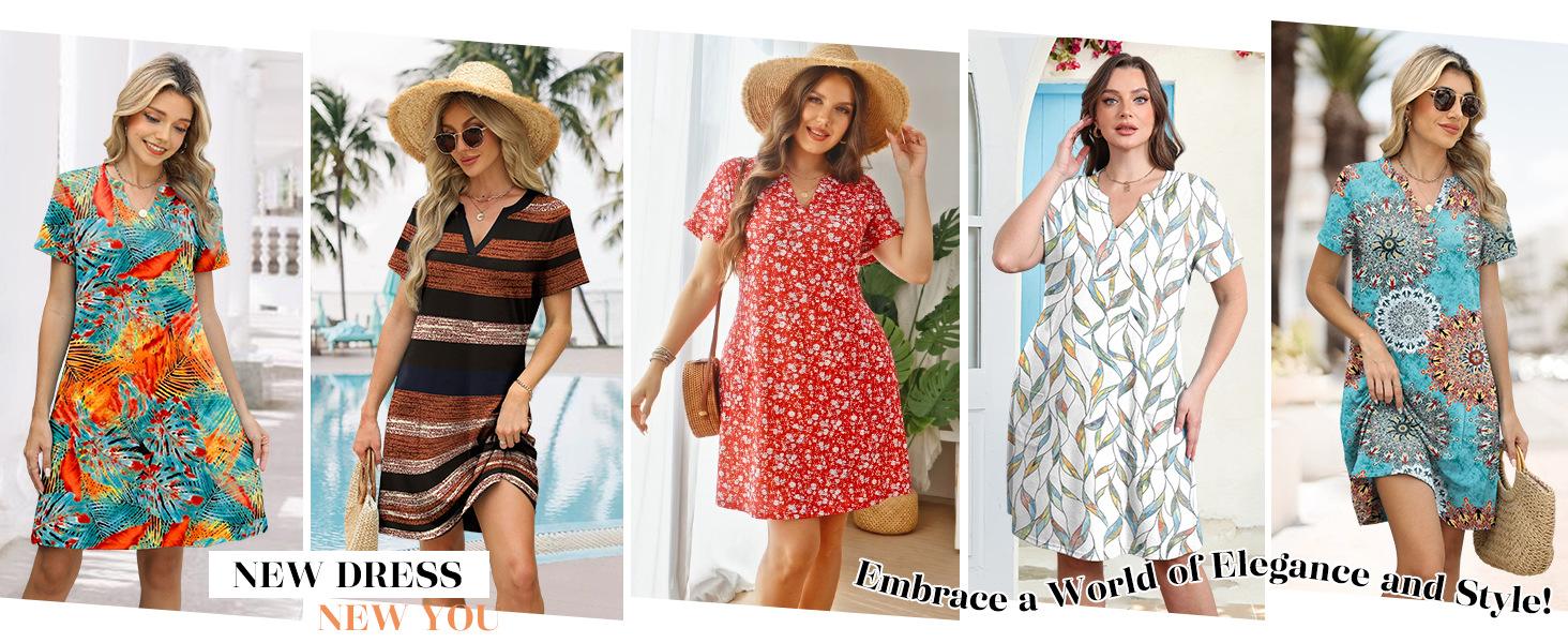 2026 New Summer Casual V-neck Loose Short Sleeve Fashion Beach Holiday Dress