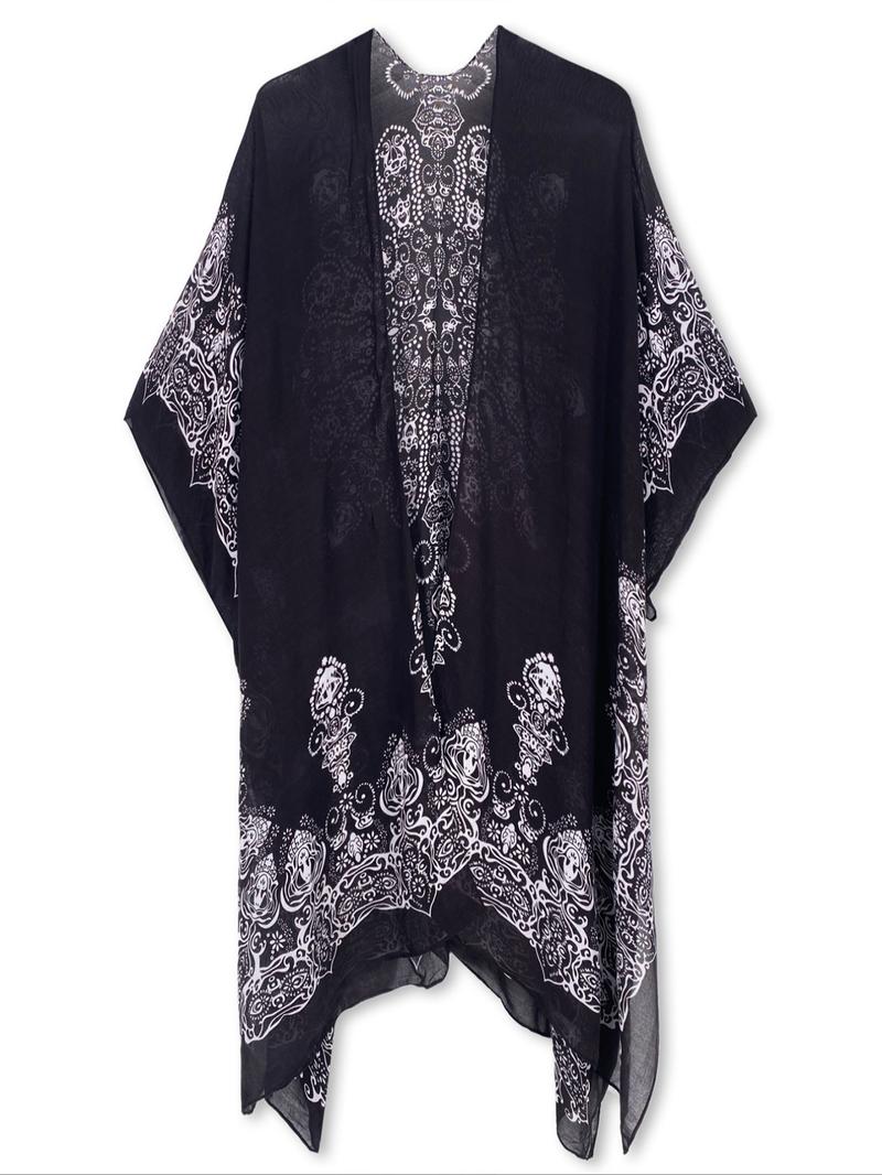 Women's Ethnic Pattern Batwing Sleeve Kimono, Casual Three Quarter Length Sleeve Split Hem Kimono, Ladies Summer Swimwear for Beach Vacation