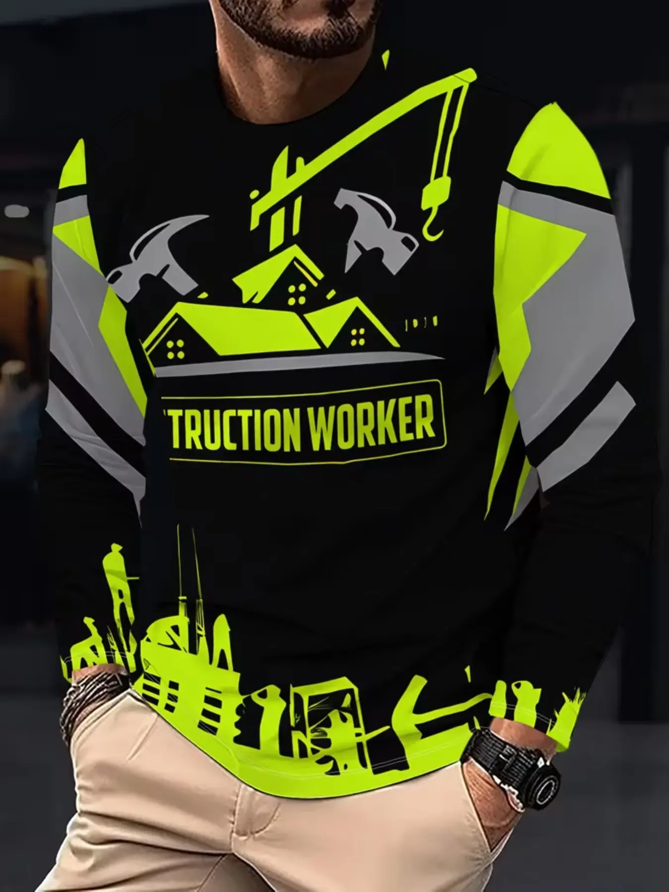 Men's Long Sleeve T-Shirt, Outdoor Excavator Print, Breathable Polyester, Casual Sporty Top, All Seasons Comfort
