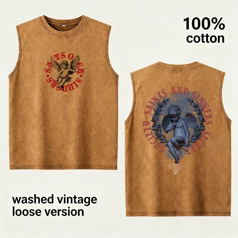 Unisex 100% Cotton Vintage Washed Sleeveless Tank Top Loose Fit Front & Back Double Print Saints And Sinners Cherub Angel Wreath Graphic Retro Muscle Tank Summer Streetwear Vest