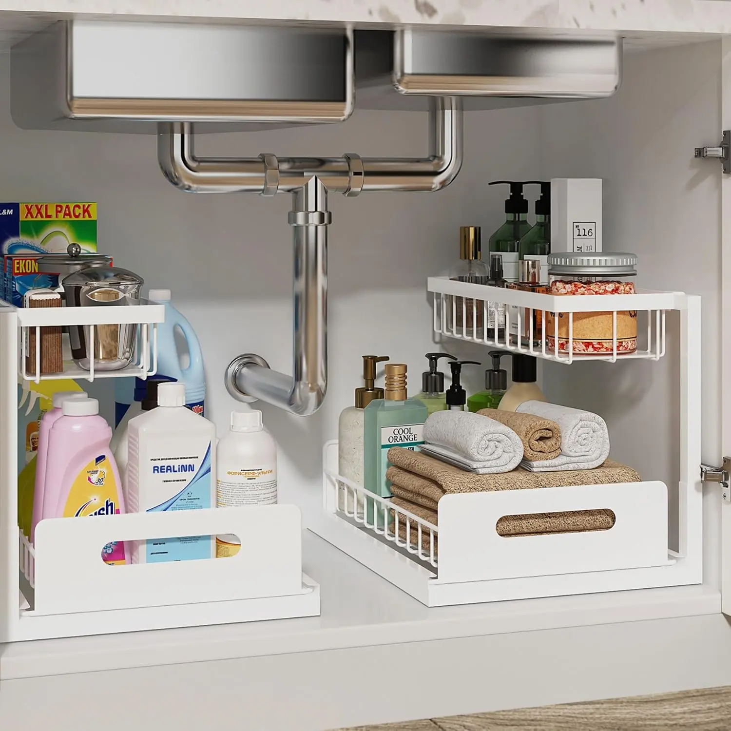 Under Sink Organizer, Pull Out Cabinet Organizer, 2 Tier Metal Slide Out Shelf with L Shaped Design for Kitchen, Bathroom, Laundry, and Utility Cabinet Storage for Deep Cabinets, White, 2 Pack