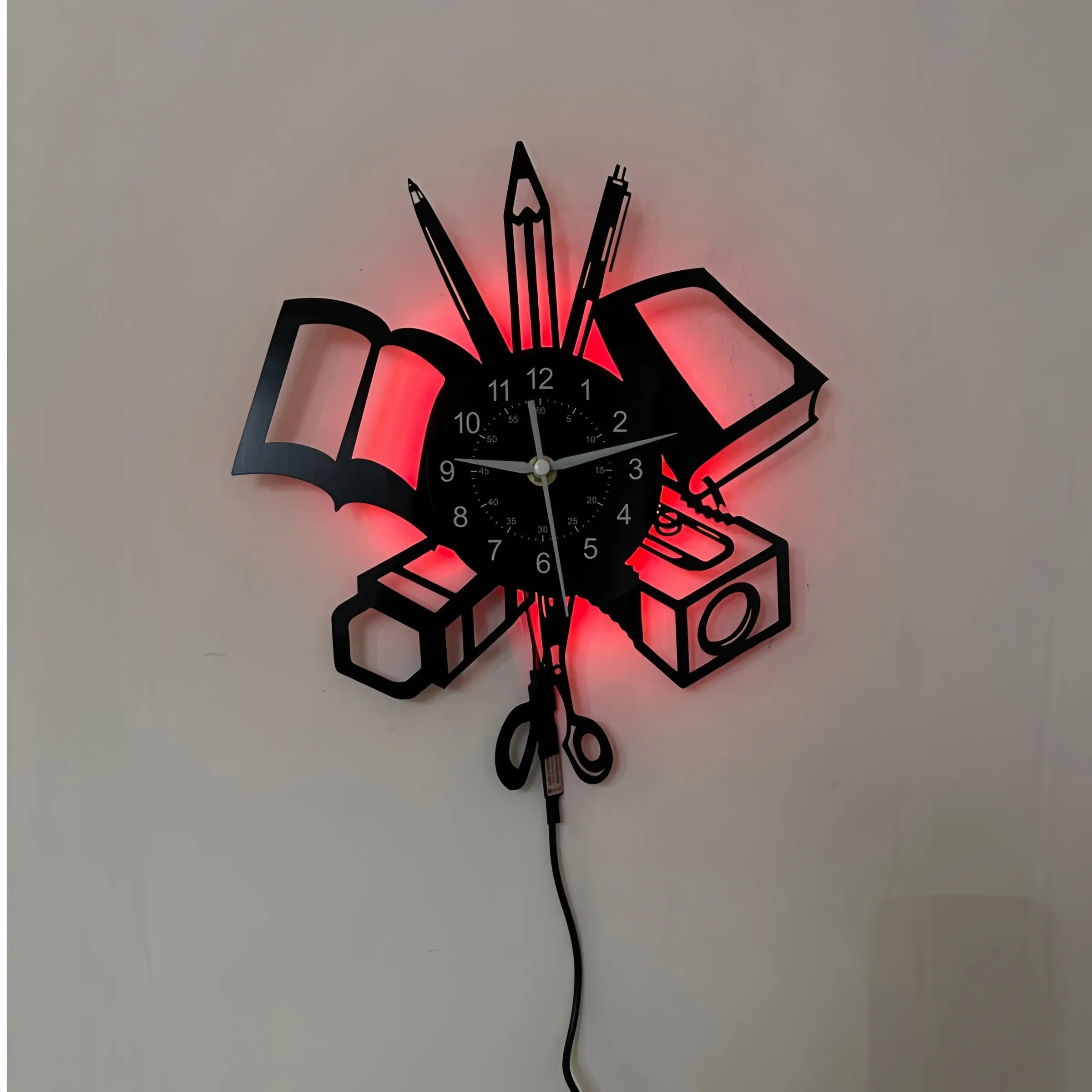 Vinyl LED Wall Clock, Book Stationery Theme, Ideal for Classroom, Study Room, Office, Teacher Gift, Student Graduation Present