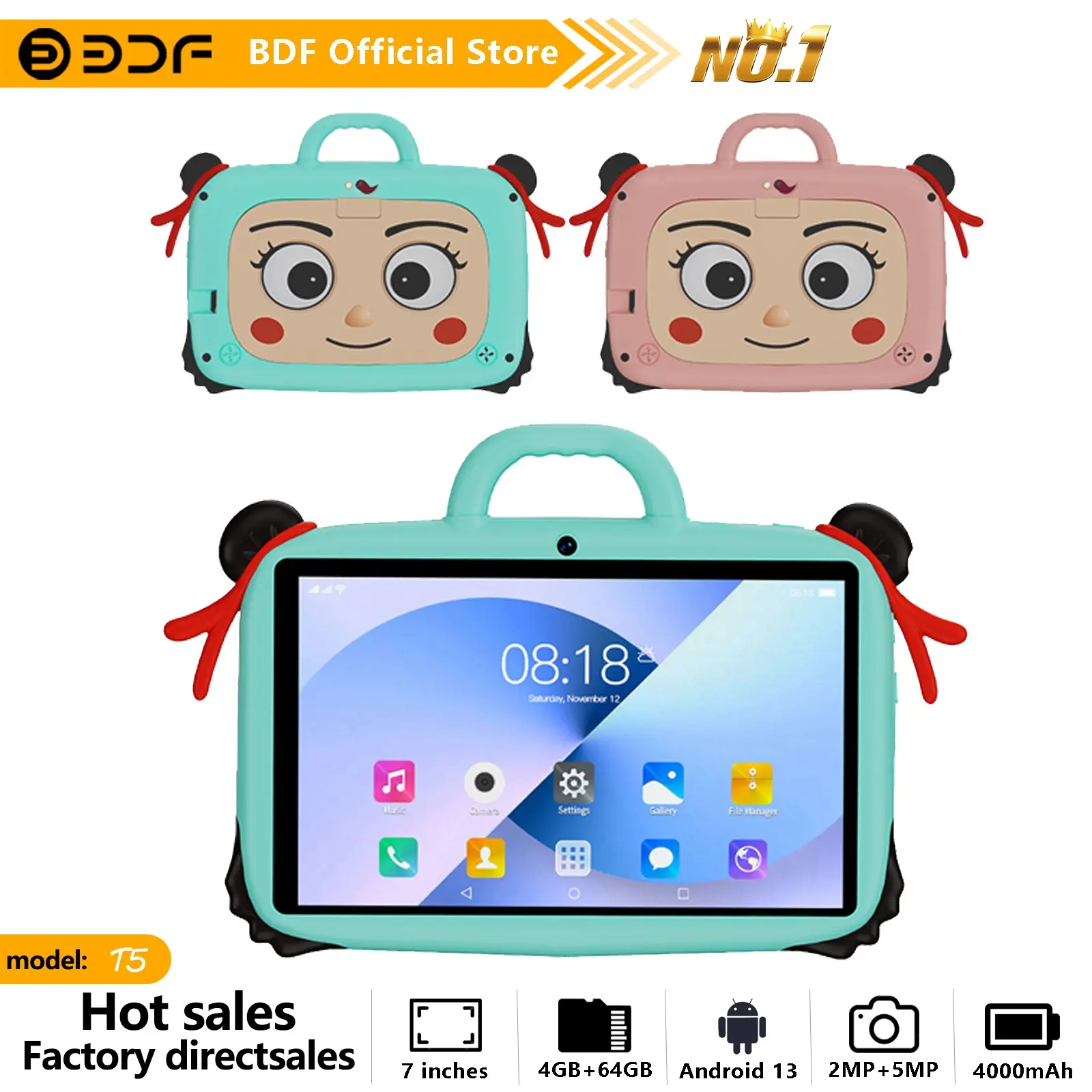 Bdf 7-Inch Android 13 Tablet with Education Software, USB Charging, Quad-Core Processor, 4GB RAM, HD IPS Display, 64GB Storage, 4000mah Battery