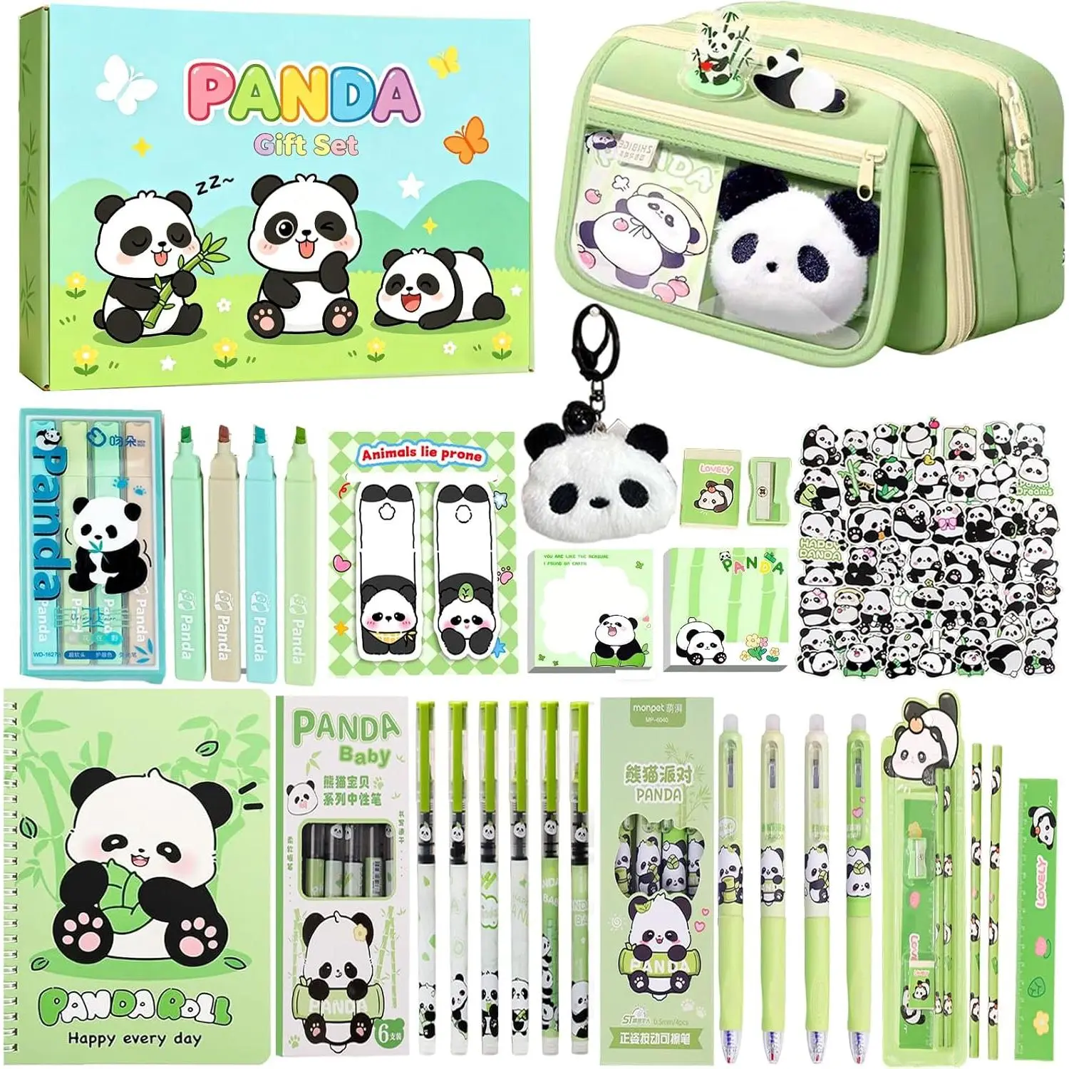 Cute Panda Pencil Case  Set with Gel Pens,Highlighter, Stickers,Notebook, Bookmarks, Ruler, Pencil,Eraser,Pencil sharpener, Sticky note and Plush Panda Keychai.