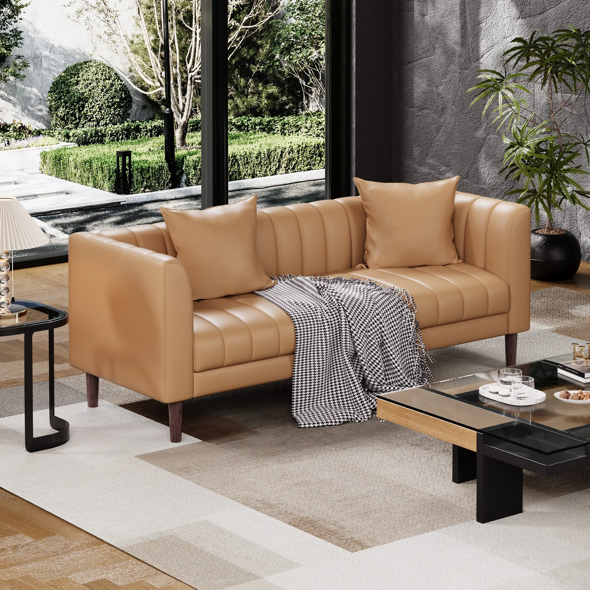 Modern Faux Leather 3 Seater Sofa Couch – Deep Seats, 2 Throw Pillows, Wood Legs, Comfortable Sponge Filling, Easy Assembly, Mid-Century Style for Living Room or Bedroom