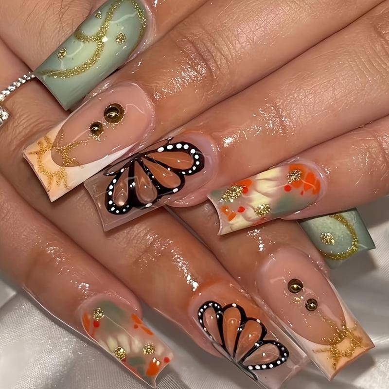 Cross-Border Hot-Selling Square Fake Nails Elegant High-End Butterfly Embellishment Fashion Simple Striped Wearable Nails Finished Wholesale