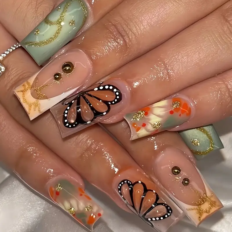 Cross-Border Hot-Selling Square Fake Nails Elegant High-End Butterfly Embellishment Fashion Simple Striped Wearable Nails Finished Wholesale