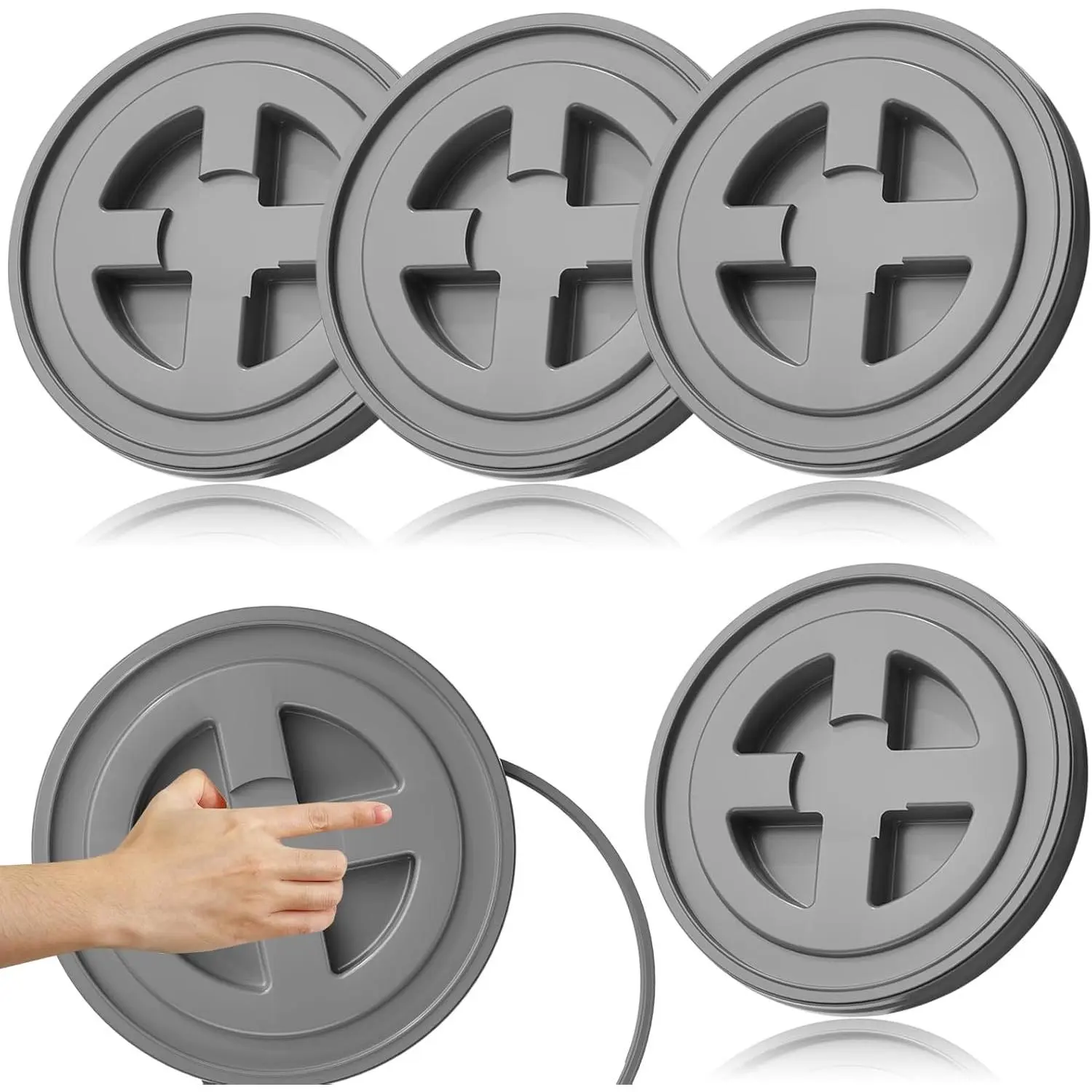 4 Pieces 5 Gallon Bucket Lids, 12inch Leak-proof Plastic Seal Screw Top Airtight Lid, Reusable Drum & Pail Lid for Pet Food Storage, Home Paint Storage and Industrial Storage Buckets -Grey