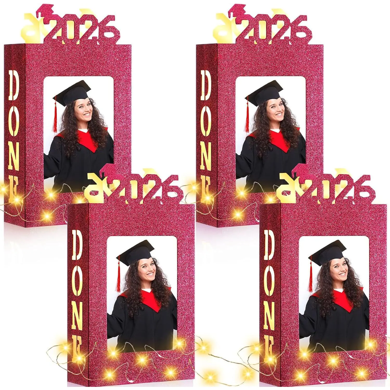 4 Sets LED Light-Up Cardboard Graduation Centerpiece Boxes - Red Decoration, 2026 Grad Light-Up Frames Photo Display, College Class of 2026 Photo Props & Party Favor Gifts