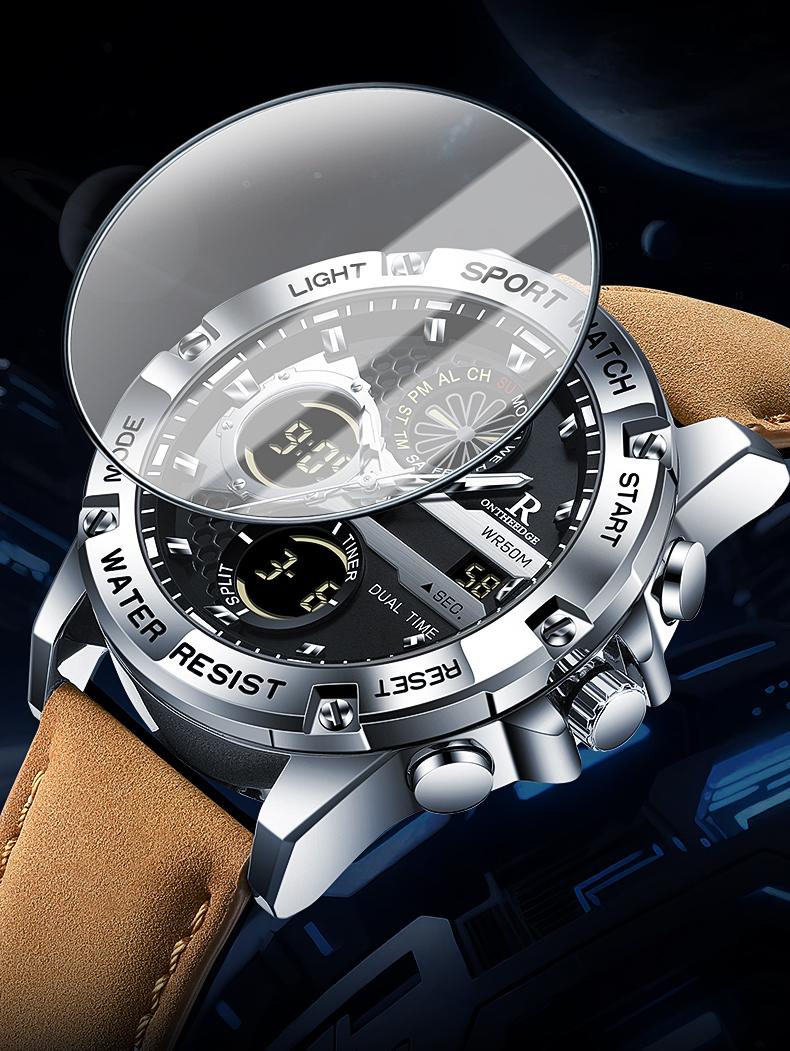 Men's Military Sport Digital Analog Quartz Watch - 50M Waterproof Wristwatch with LED Backlight, Dual Time, Alarm, Stopwatch, Tactical Outdoor Watch for Men, Brown Leather Strap, Perfect Gift for Him