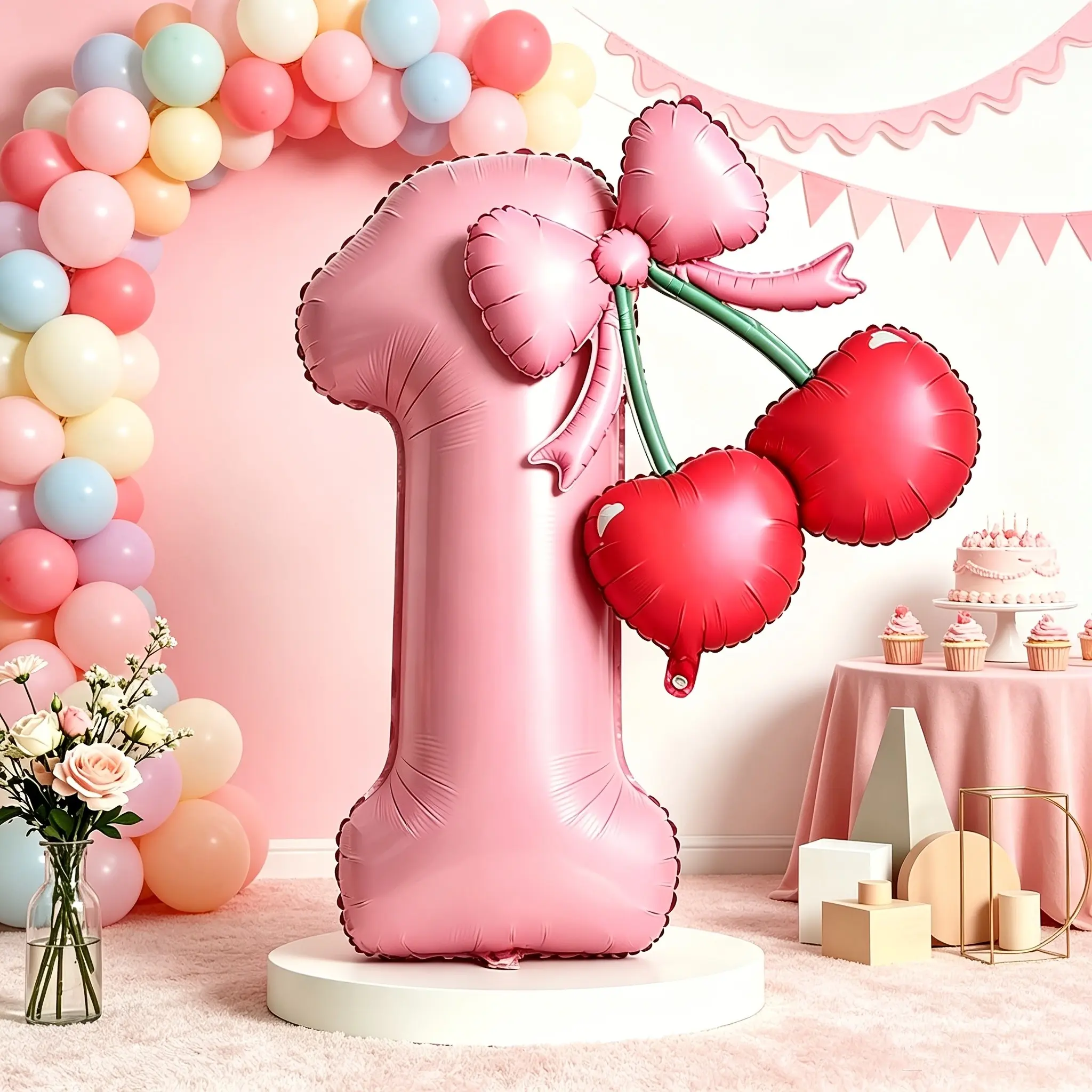 Number Balloons with Cherry Bowknot Party Balloon Set, Birthday Wedding Anniversary Festival Decor, Outdoor Event Photo Backdrop