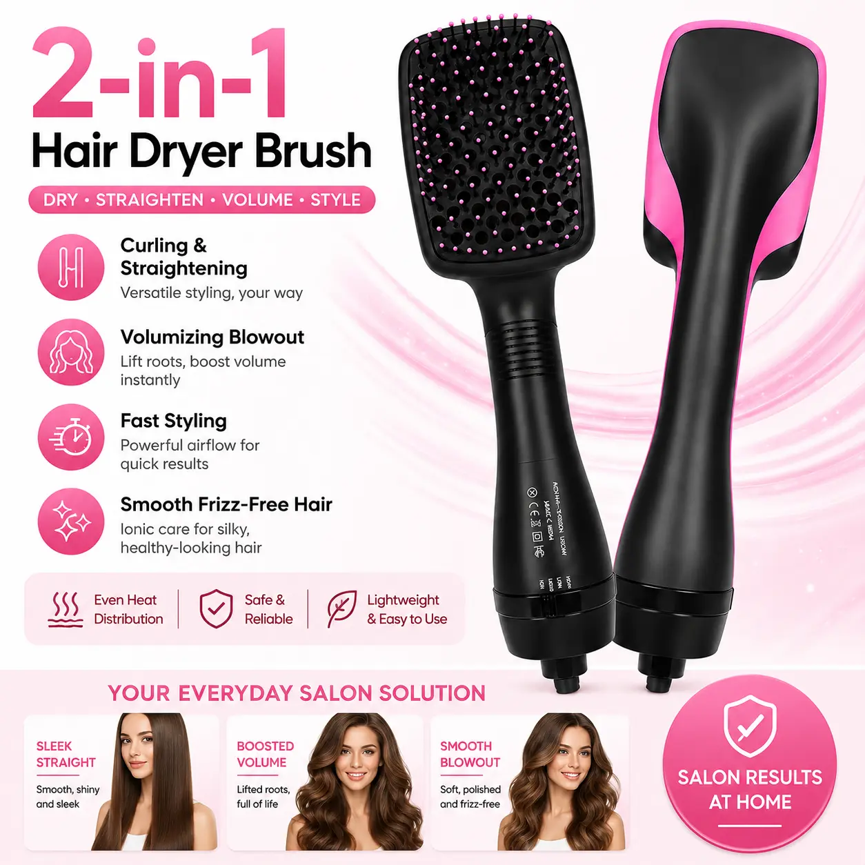 2-in-1 Hot Air Hair Dryer Brush for Curling, Straightening and Volumizing, Fast-Drying Blowout Brush for Smooth, Frizz-Free Salon-Style Hair at Home