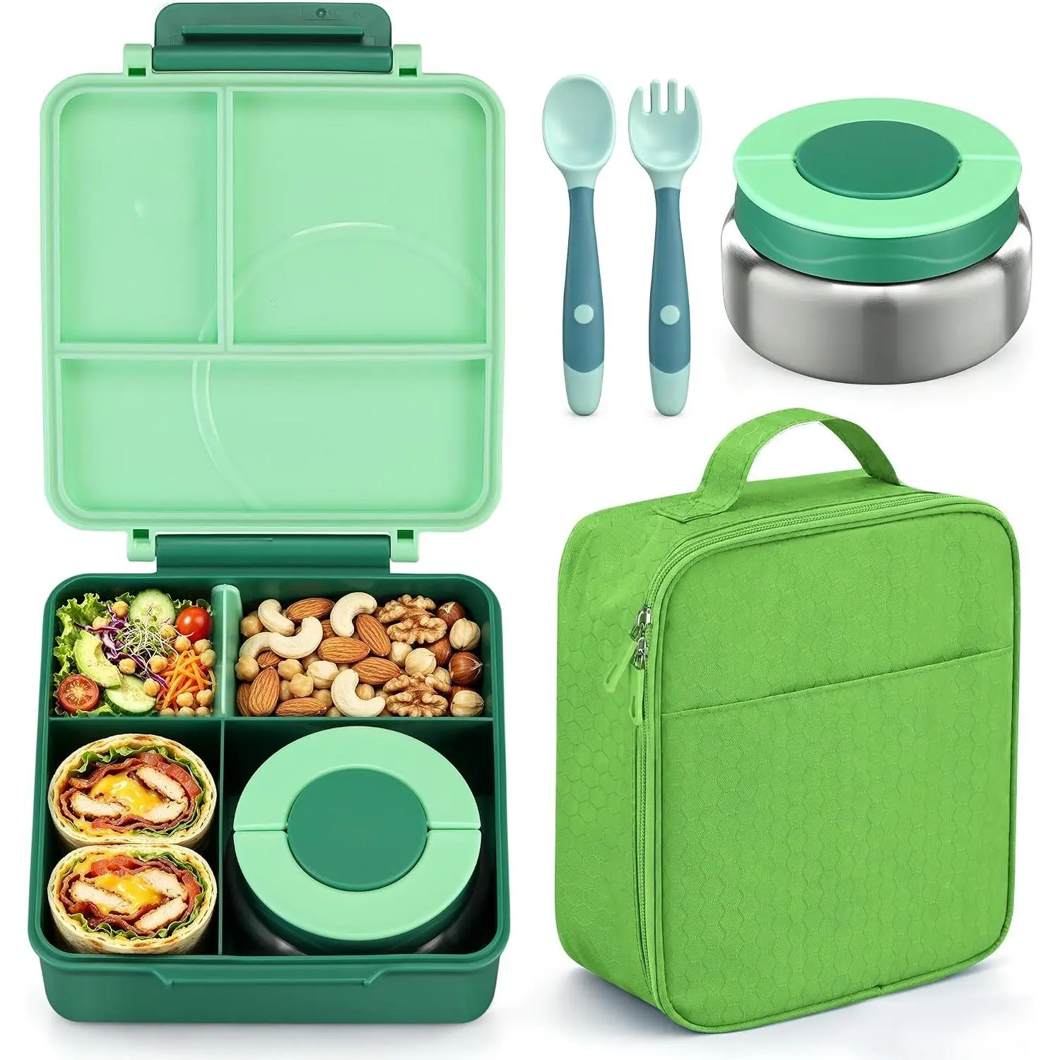 Bento Lunch Box Set for  with 8oz Soup Thermo, Leak-Proof Lunch Containers with 4 Compartment,  Thermo Hot  Jar and Insulated Lunch Bag for  to School-Green