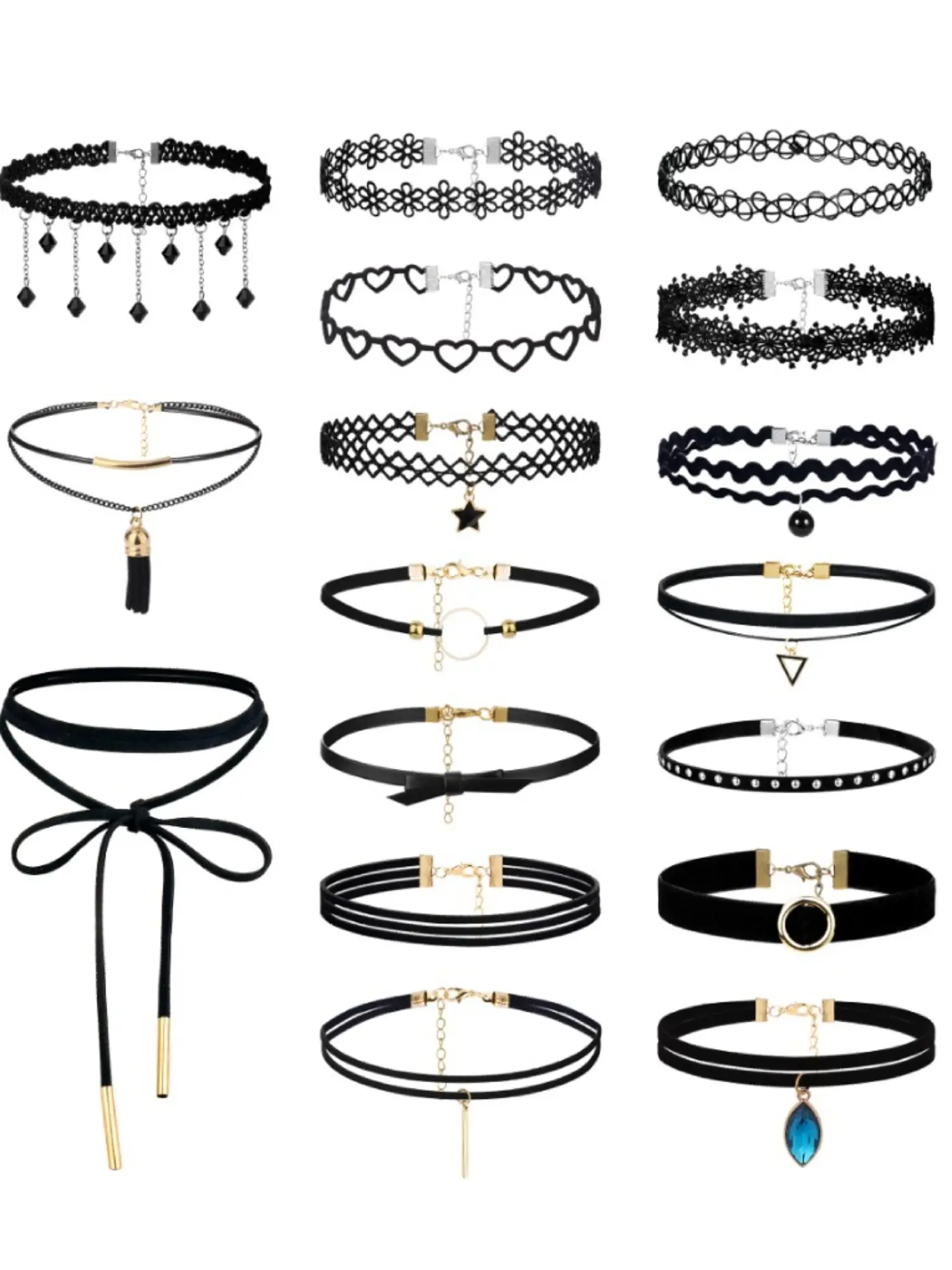 17Pcs Women’s Black Lace Choker Set, Gothic Tattoo Velvet Collar Necklaces