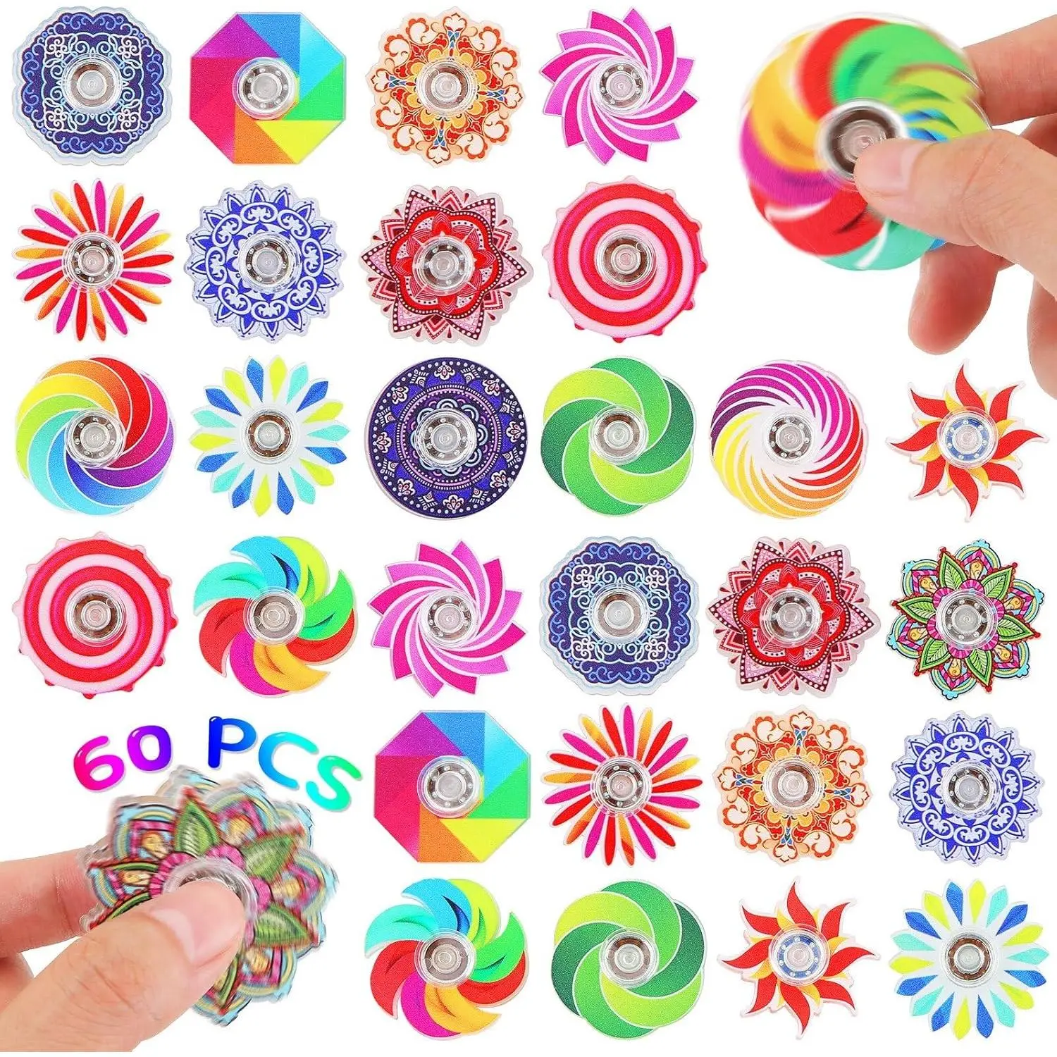 60 Pack Mini Fidget Spinners Assorted Colors - Stress Relief Sensory Toys for Kids Teens Adults - Bulk Party Favors Classroom Prizes Goodie Bag Stuffers Valentines Day Gifts