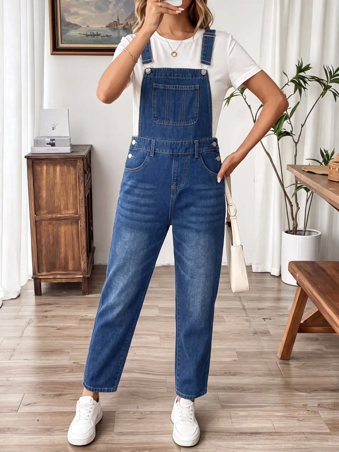 Four-Season Unstretched Harem Strap Pants, Classic Solid Dark, Adjustable Straps, Metal Waist Buckle, Thick Durable Denim, Elegant Earthy Style