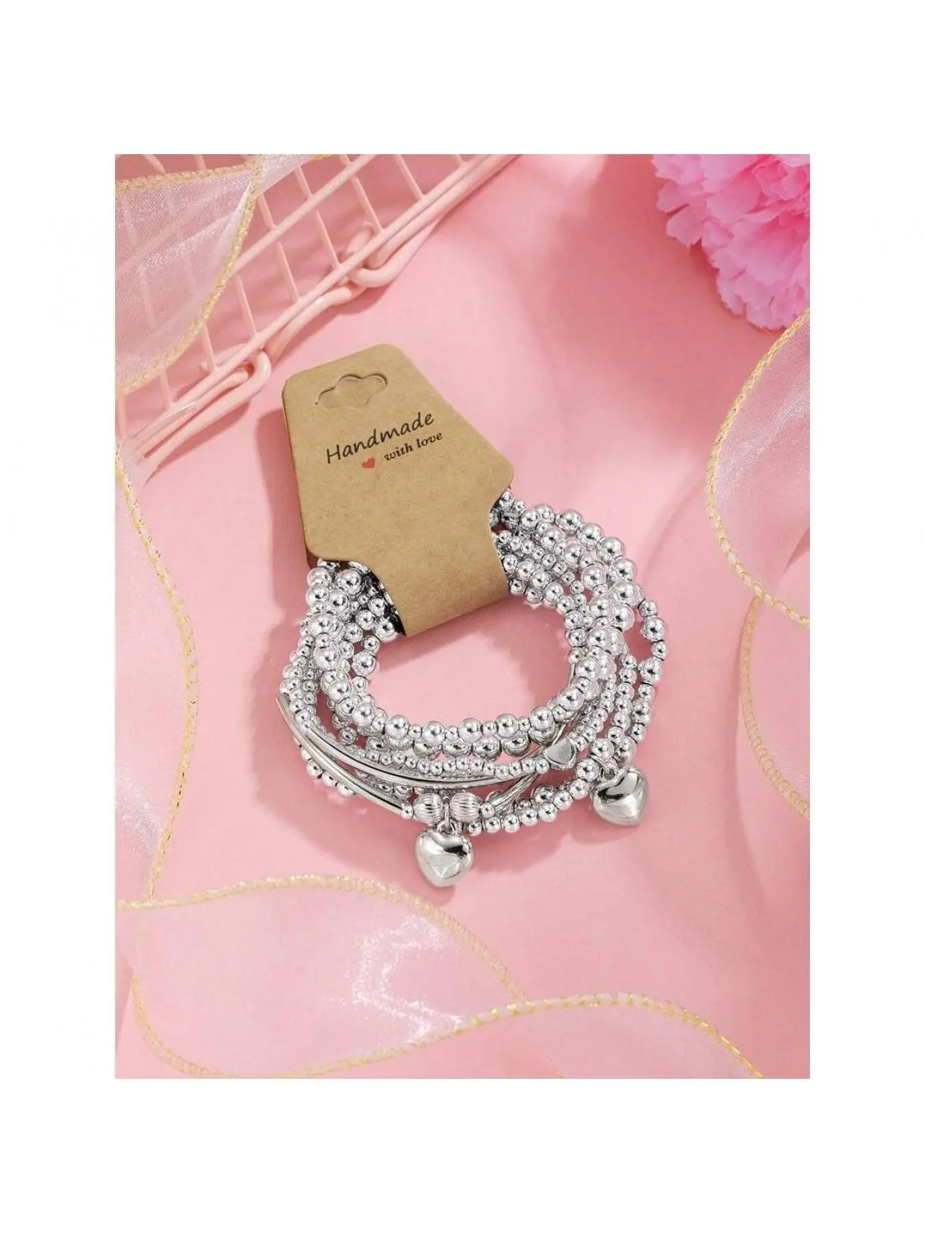 Italian Designer 8-Piece Silver Color Heart Pattern Bracelet Set, Casual Style, Perfect Gift for Valentine's Day & Mother's Day