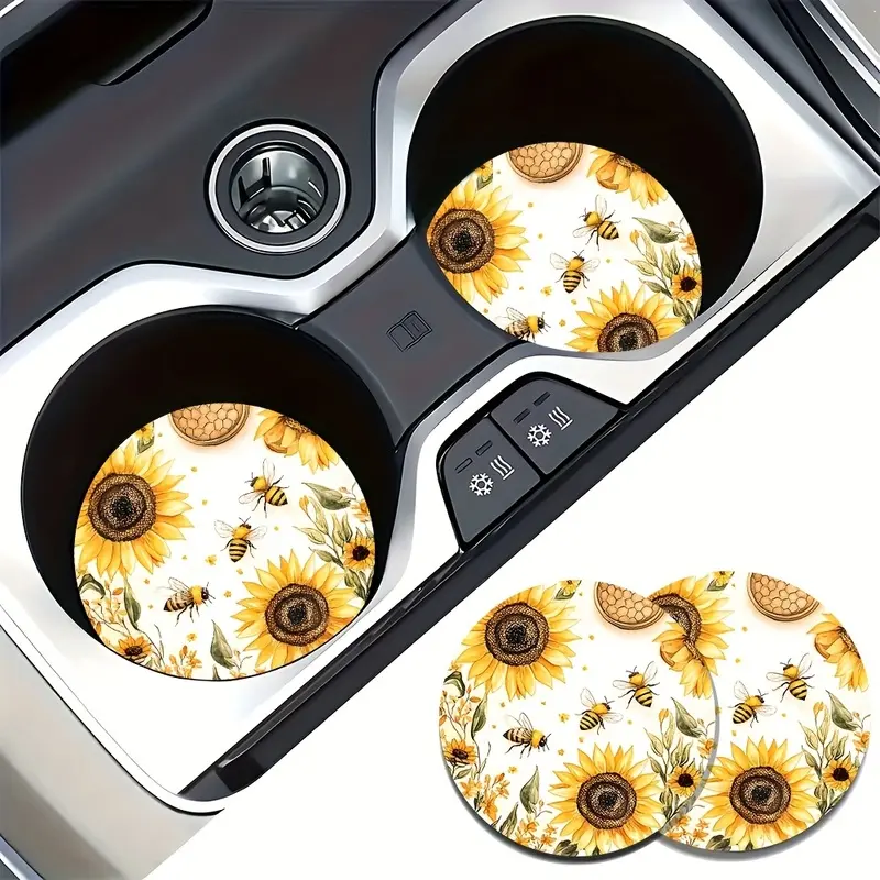 2 Sunflower And Bee Pattern Car Coasters with Cork Base- Universal Non-Slip EVA Washable Car Cup Holder Insert, Bright Floral Design Interior Additions