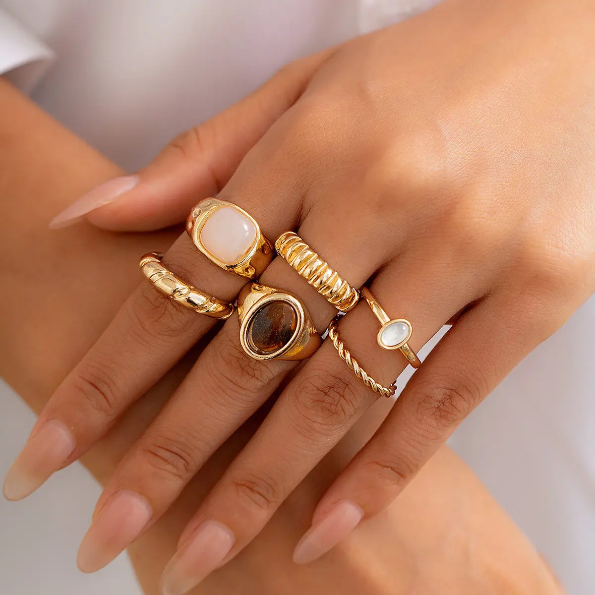 6 Pcs Vintage Stone Stackable Ring Set Chunky Mixed Texture Gem Signet Twisted Band Rings for Women Gold Silver Two Tone Minimalist Jewelry