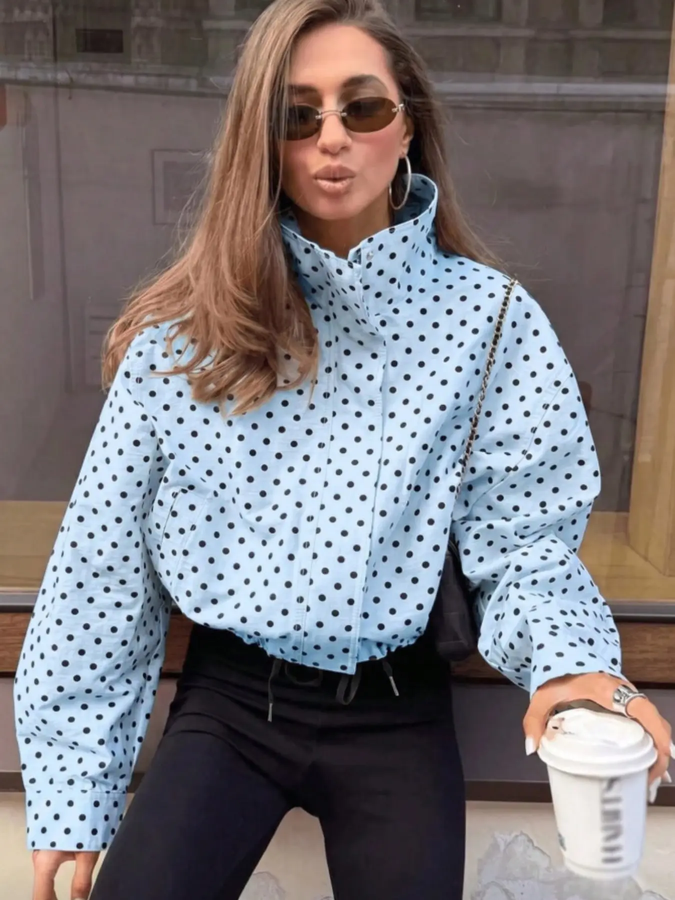 Women's Spring Summer Fall Fashion Polka Dot Loose Fit Jacket, Vintage Elegant Casual Coat, High Neck Drawstring Pocket Short Outerwear