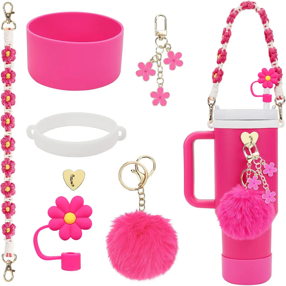 Stanley Cup Accessory Set: 7-Piece Bundle Including Straw Cover, Silicone Boot, Hand Strap, 4 Charms for 40oz & 30oz Tumblers(not include cups.)