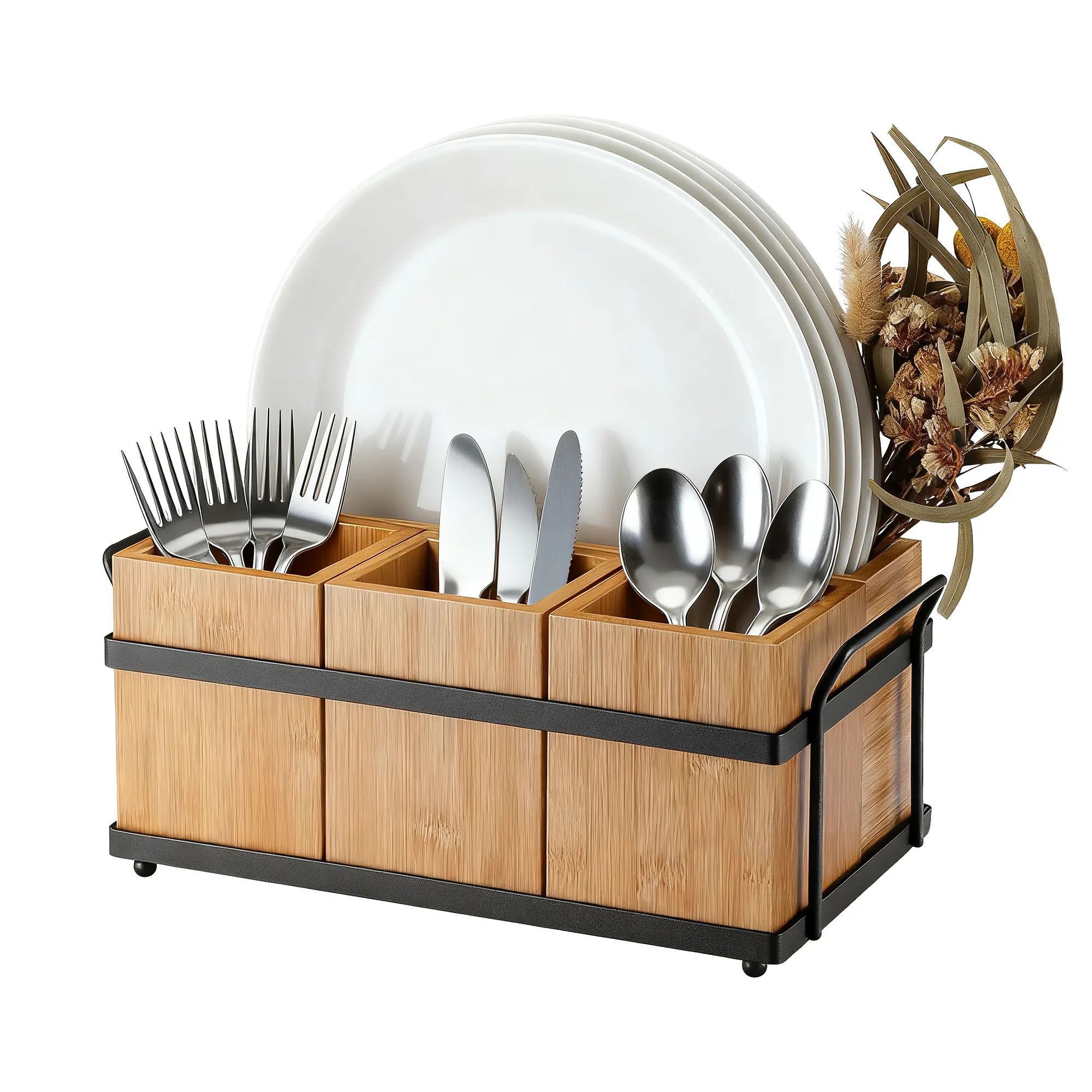 Gaomon 4-in-1 Wood Utensil Caddy with Iron Frame, Detachable Silverware Organizer for Kitchen Dining, Portable Cutlery Holder with Napkin Plate Storage, Rustic Farmhouse Decor