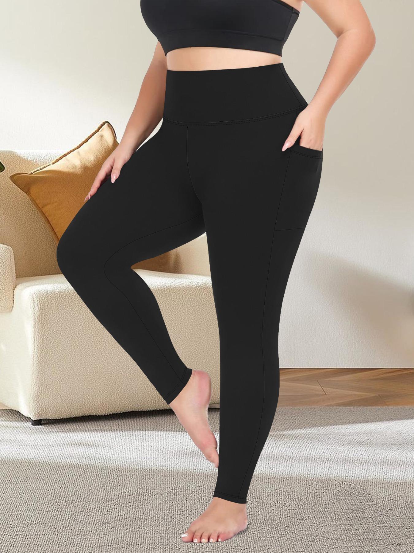 Plus Size Solid Pocket High Waist Leggings, Casual Comfy High Stretch Skinny Pants for Women, Women's Bottoms for All Seasons