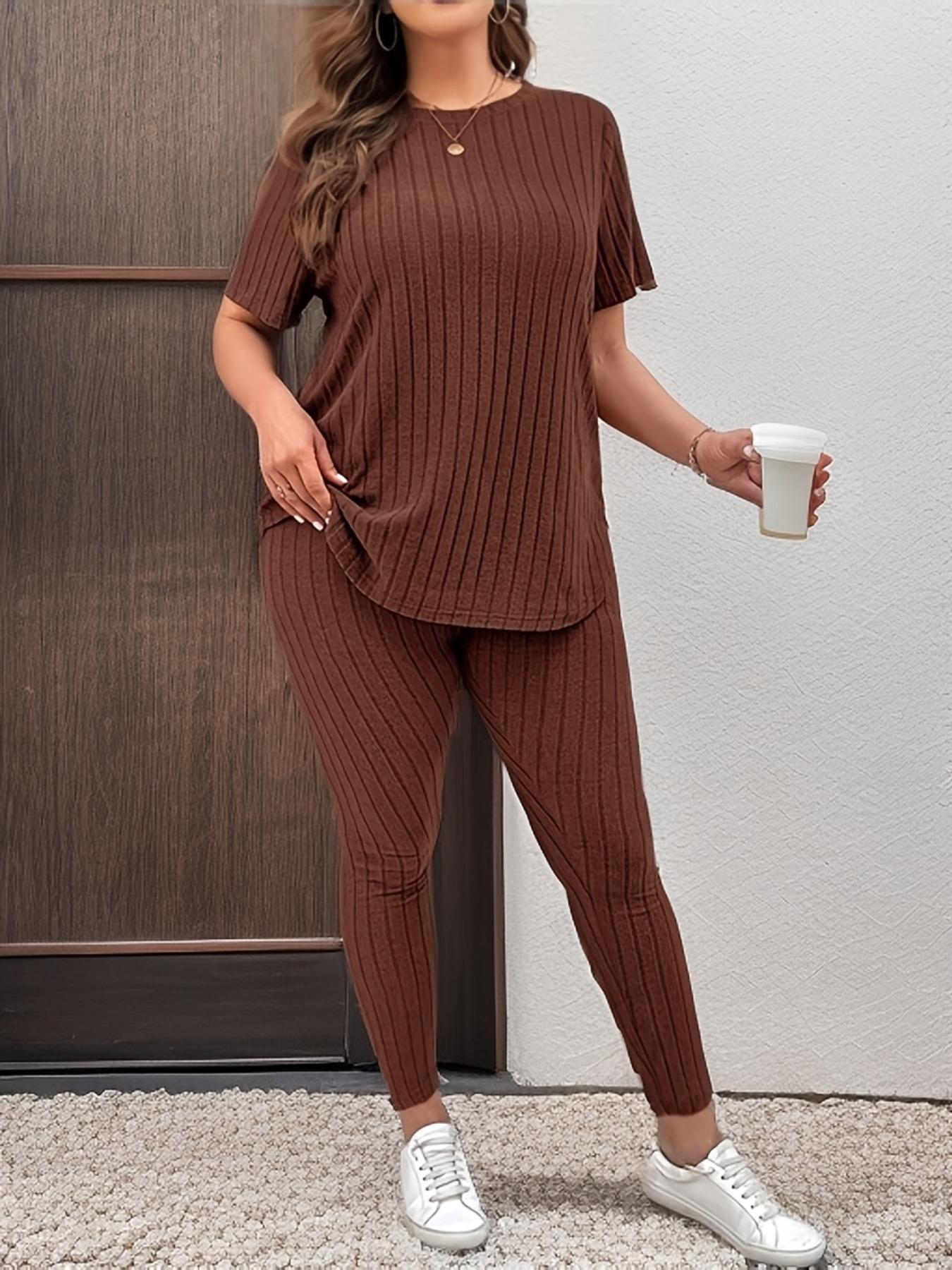 【Plus Size】 Two-Piece Set Solid Drop Shoulder Top & Skinny Pants Ribbed Pajama Set, Casual Comfy Round Neck Long Sleeve Top & Trousers Set, Women's Sleepwear for Fall & Winter