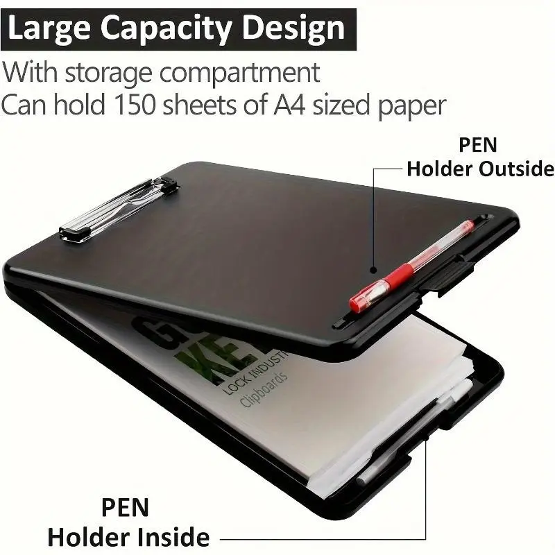 Large Capacity A4 Storage Clipboard with Dual Pen Slots, Plastic Writing Pad, Portable Flip Document Organizer Board, Clipboards with Storage for Office Use