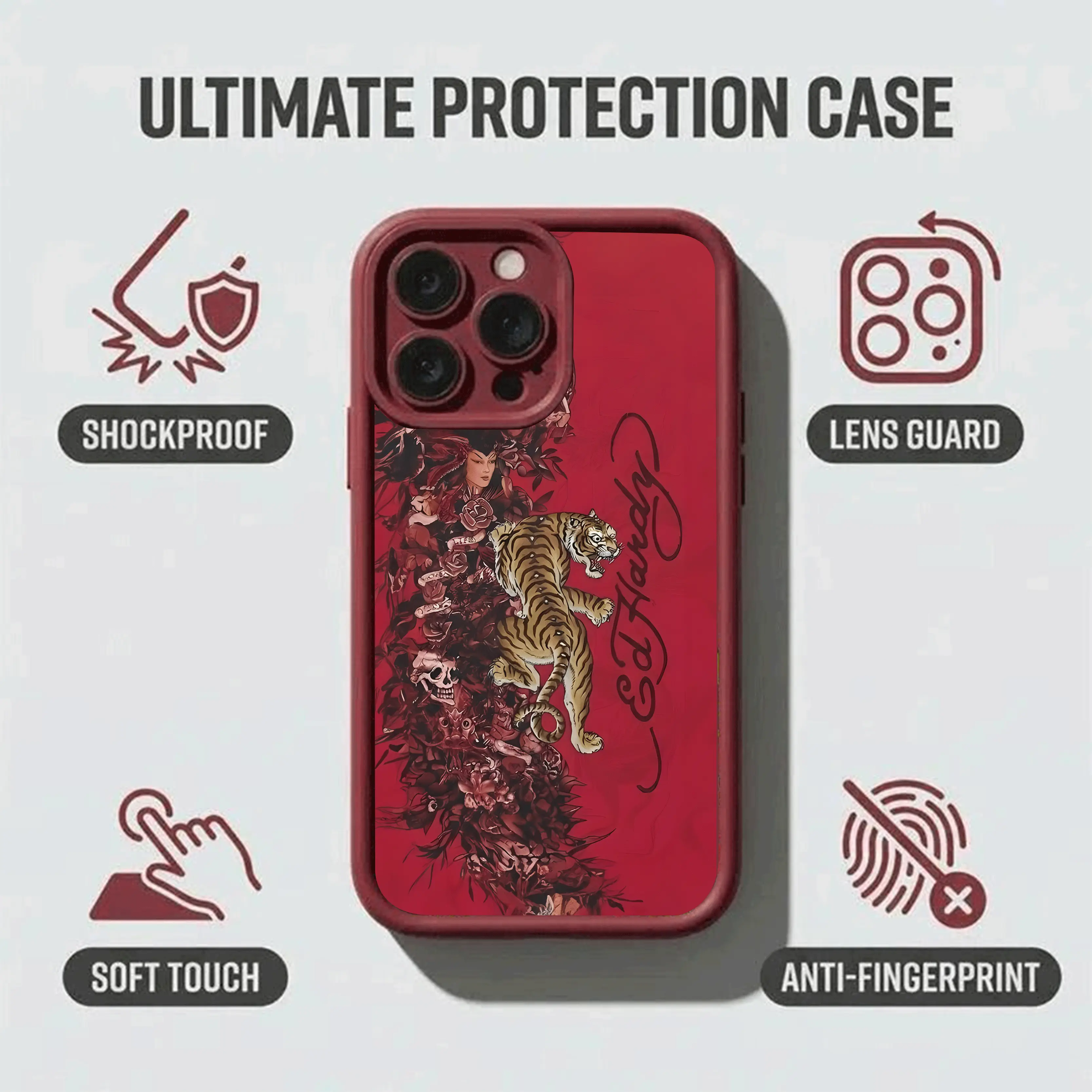 Red Vintage Tiger Tattoo Illustration, Matte Non-Slip TPU + Silicone Shockproof Phone Case | Unisex Classic Material | Multi-Model Compatible for iPhone 17-11 Pro Max/Plus/Air & Samsung Galaxy S26-S21 Ultra/Plus/FE