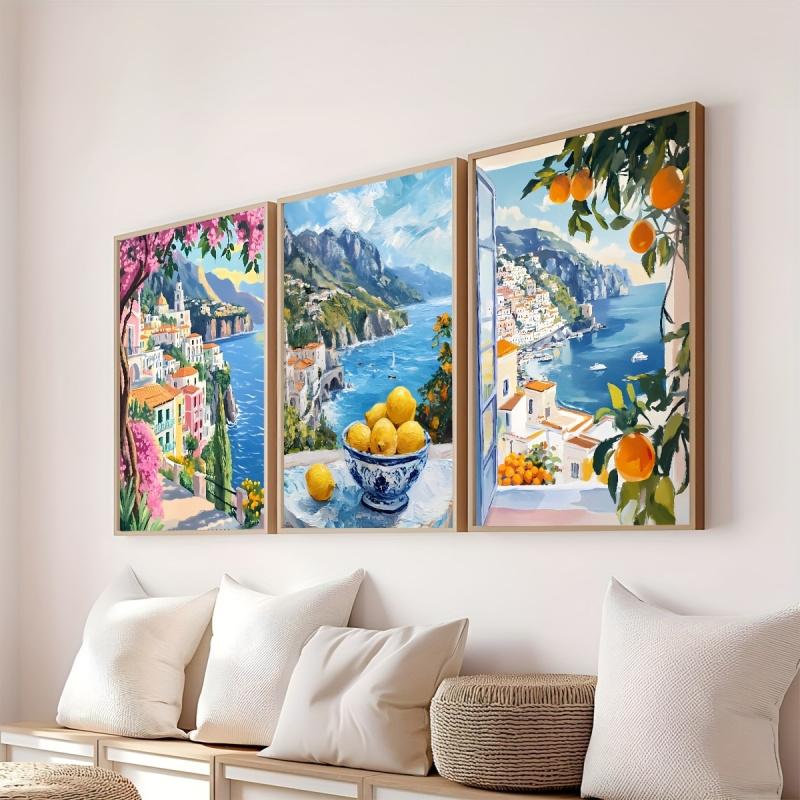 2D Flat, Set of 3 Amalfi Coast Art Prints, Vibrant Summer Mediterranean Artwork, Italian Coastal Scenery Posters, Travel Season Holiday Coastal Decor Oil Paintings, Not Framed