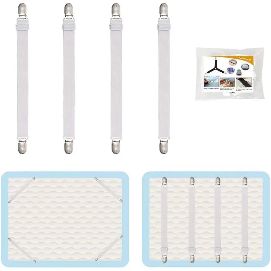 4 count Adjustable Bed Sheet Straps Clips, Elastic Mattress Sheet Fasteners Holder and Suspenders, Grippers to Hold Sheet, Mattress, Sofa, Couch, Table Cloth, Recliner Ironing Board Cover and