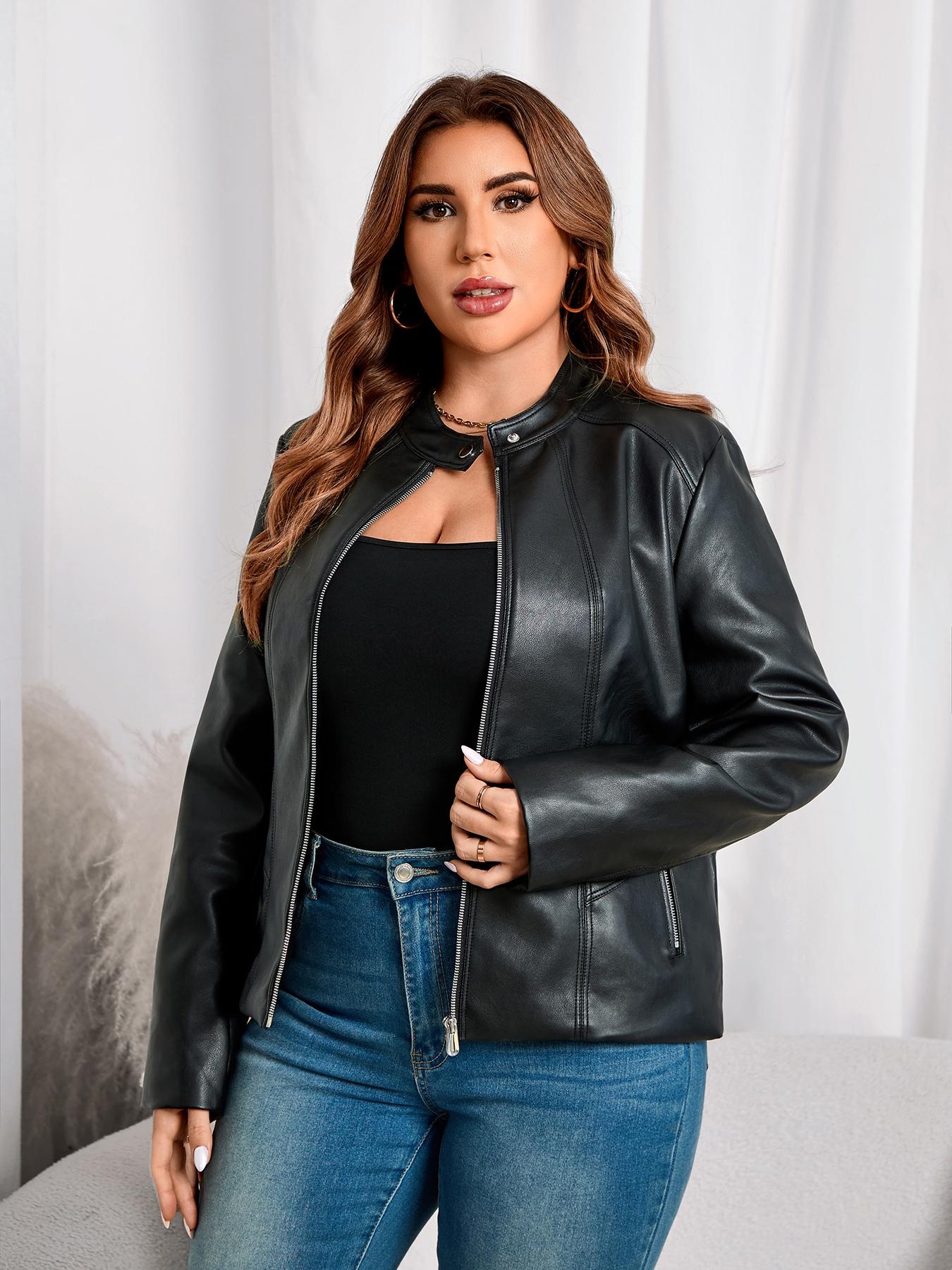 Giolshon Women's Plus Size PU Leather Fitted Biker Jacket - Street Style Womenswear Tops with Zipper Pockets, Fall & Winter Fashion Outerwear, Spring & Fall Wear Fabric Outfits