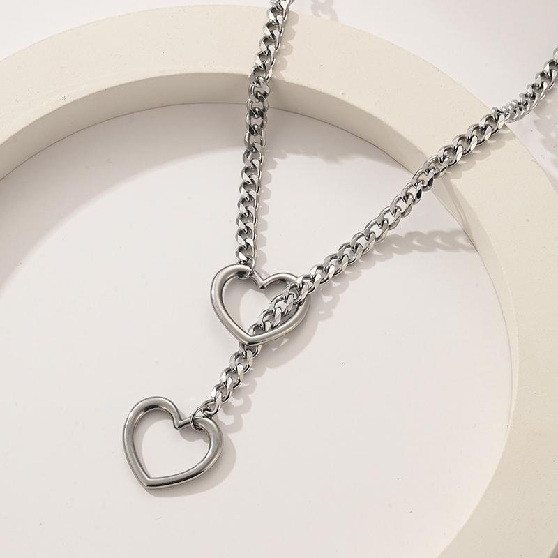 Silver Slip Chain Star O-Ring Lock Open Heart Charm Lariat Necklace for Women Punk Rock Cuban Link Chain Pendant Y Necklace