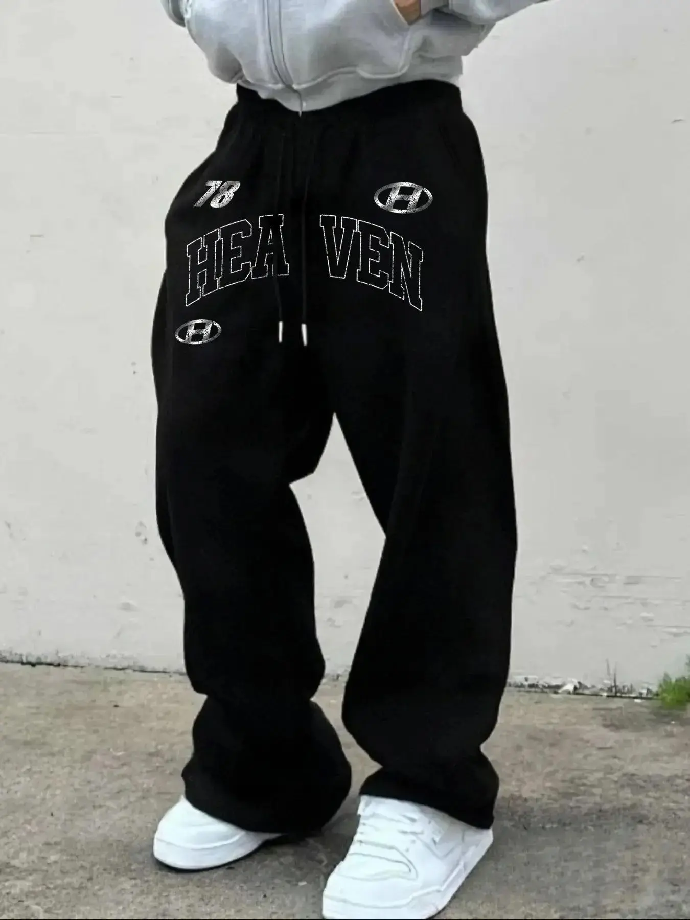 Men's Casual Sporty Long Pants, Heaven Letter 78 Number H Print Wide Leg Sweatpants, Loose Fit, All Seasons, Fashionable Choice