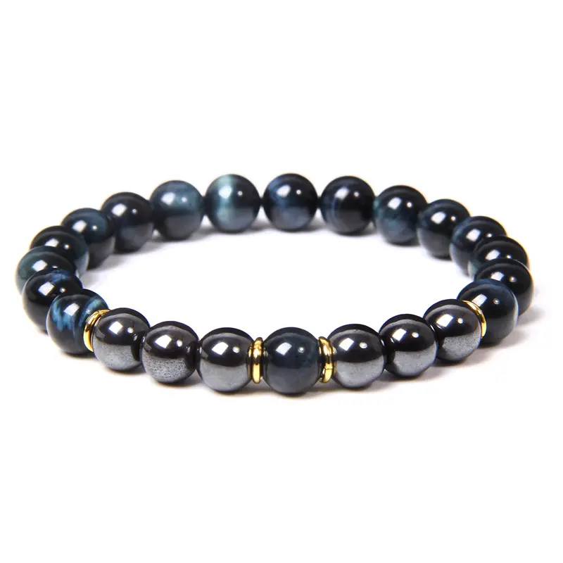 Unisex Beaded Bracelets Set - Natural Green Tiger Eye Hematite Vintage Style, Blue Tiger Eye Hematite Cool Style U-Shaped Bracelets for Daily, Office Wear