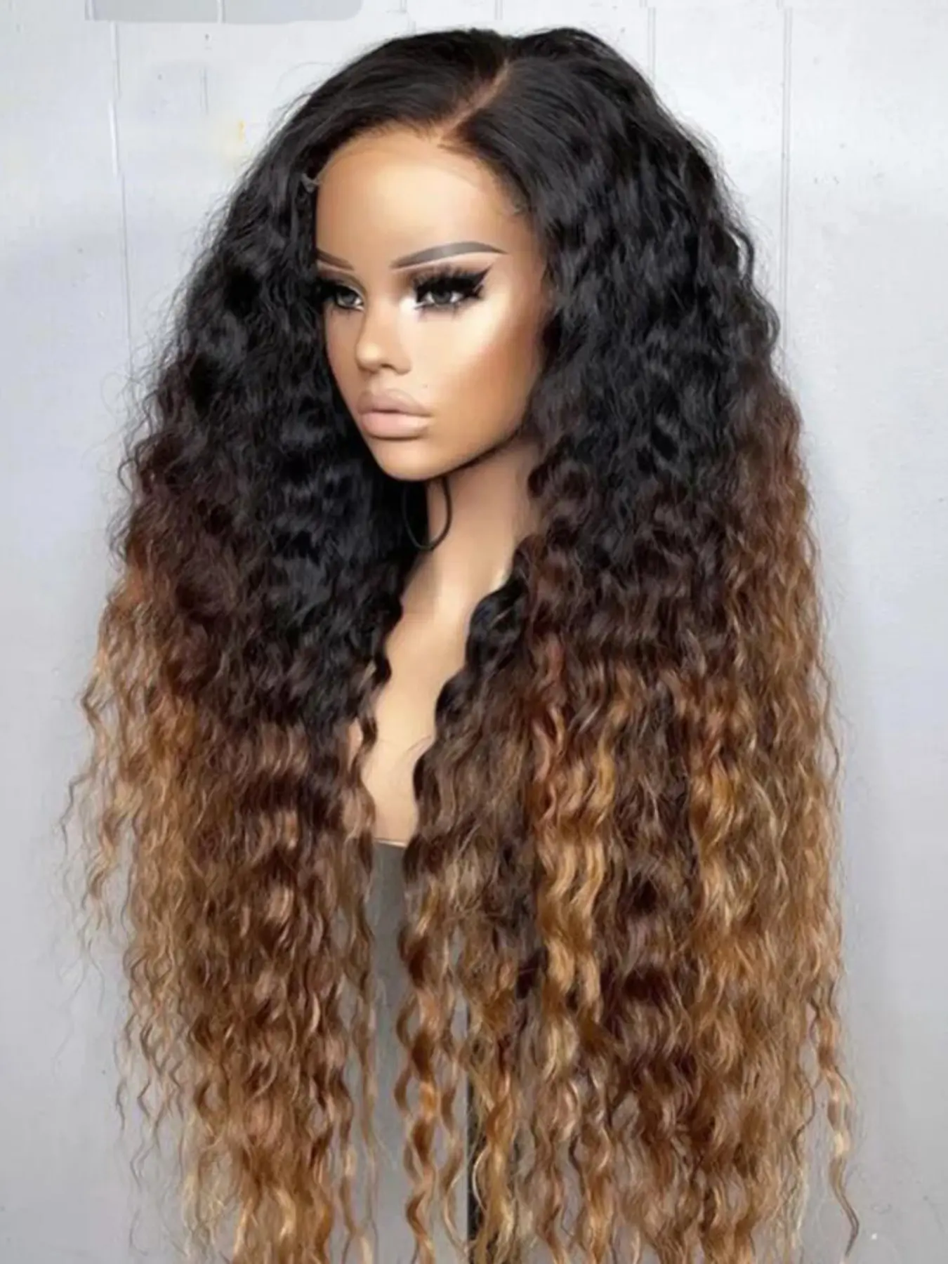 Ombre Brown Soft Long 26 Inch 180 Density Kinky Curly Front Lace Wig, Glueless Heat Resistant Synthetic Hair, Daily Wear Pre-plucked