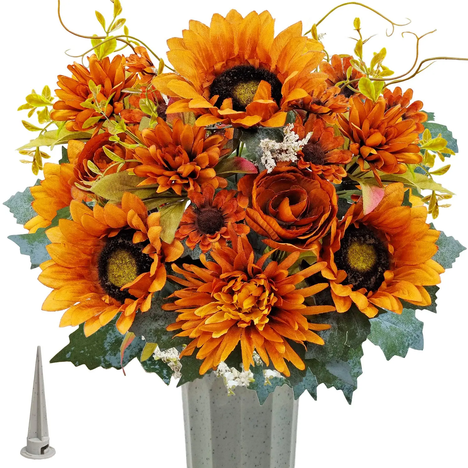 1 Pcs Fall Artificial Flowers, Artificial Flower Bouquets, Decorative Fake Flower, UV Resistant Sunflowers Chrysanthemum Bouquet, Fade Proof Fake Plastic Floral Arrangement, Cemetery Grave Headstone Decor, Outdoor Decor, Memorial Day Decorations