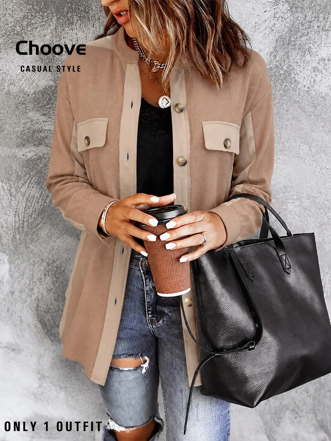 Women's Patchwork Long Sleeve Shirt Blouse, Waffle Fabric with raw Edge Detail, Casual Loose-Fit Outerwear for Fall & Winter