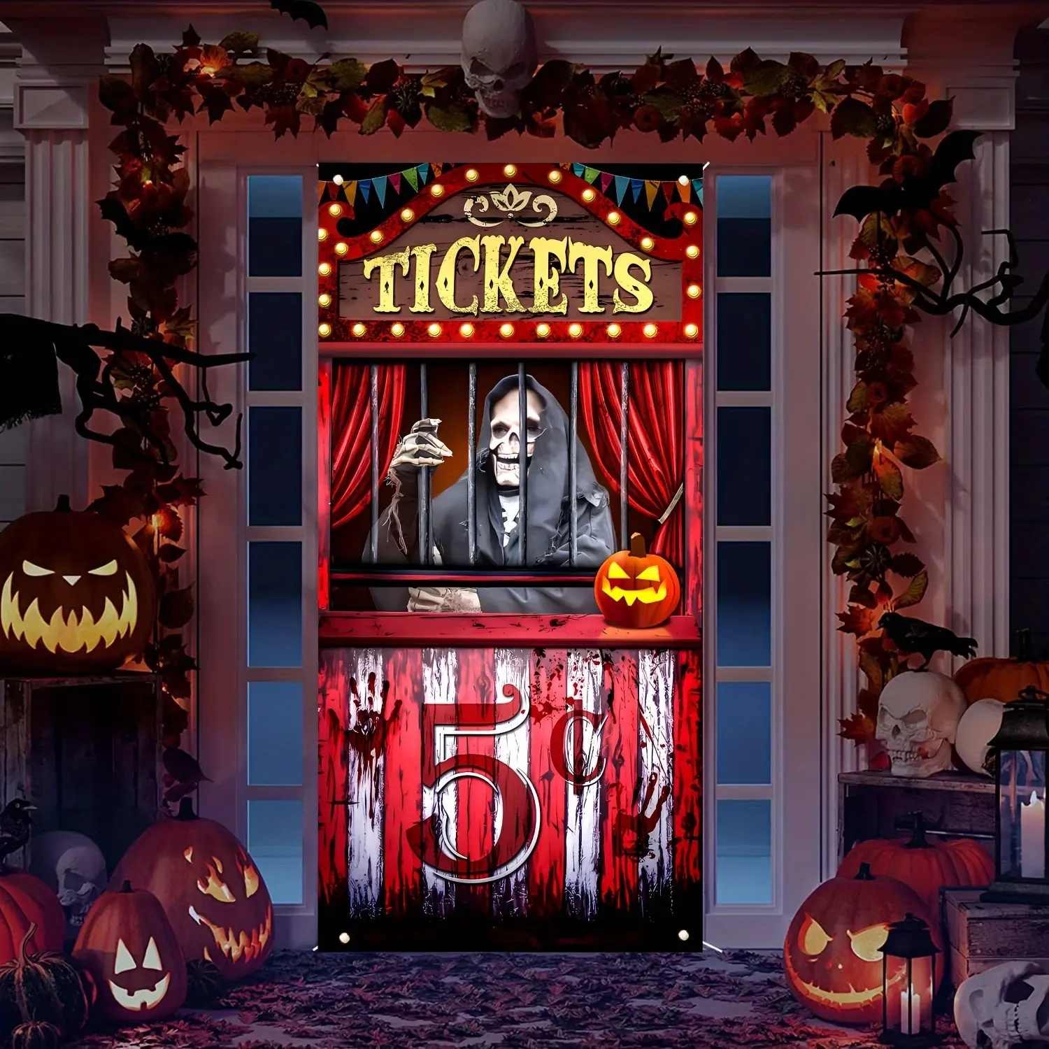 1 Halloween Evil Circus Door Set Circus Theme Bloody Horror Background Banner Party Decoration, Carnival Photo Door Number Ticket Office Background Prop, Large Door Number Hanging Background tc