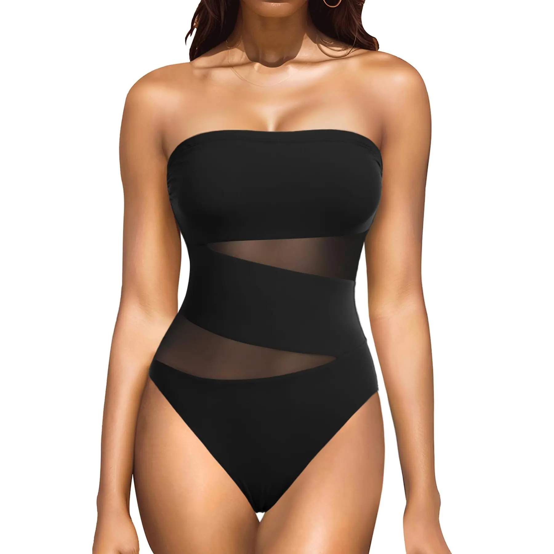 Holipick Strapless One Piece Swimsuits for Women Bandeau Bathing Suits Mesh Cutout Swimwear